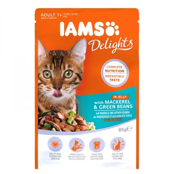 Iams macskahelyek makréla és zöldbab falatok, zamatos aszpikban 85g