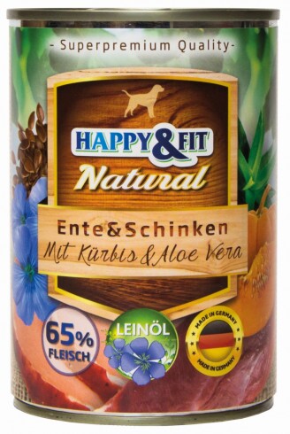 Happy&Fit Natural Dog Konzerv Kacsa&Sonka Sütőtökkel&Aloe Verával 400g