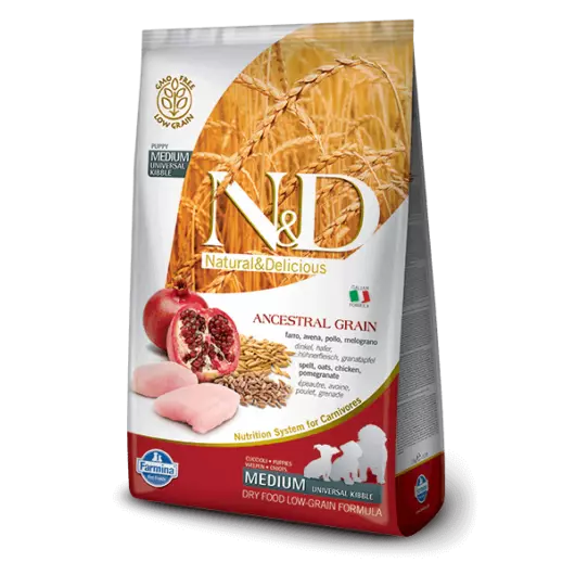 N&D Dog Ancestral Grain csirke,tönköly,zab&gránátalma puppy med&maxi 2,5kg