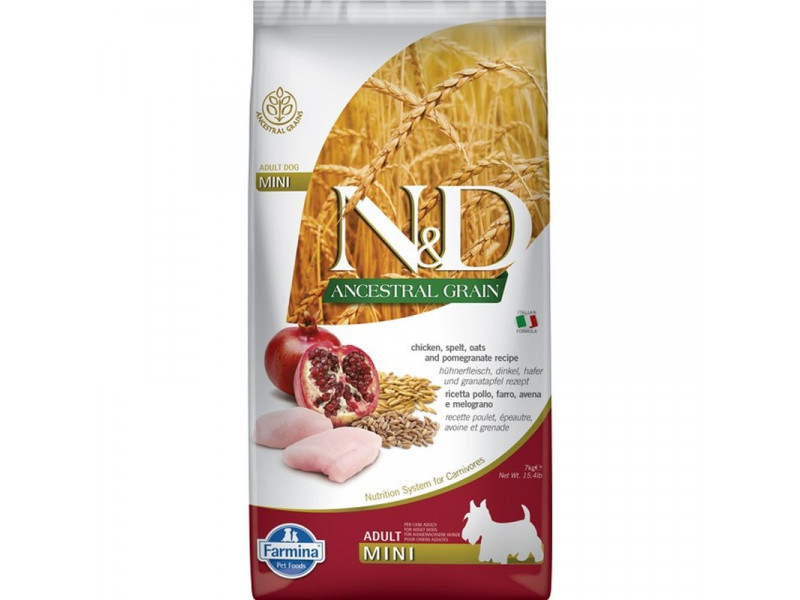 N&D Dog Ancestral Grain Adult Mini csirke, tönköly, zab&gránátalma 7kg